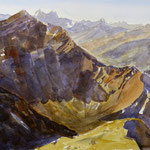 #821 / Schweizer Alpen - Lenzerhorn, Aquarell,  Swiss Alps - Lenzerhorn (plein air), watercolor painting, plein air, Aquarellpapier/watercolor paper: Hahnemühle Ingres 100 g/m²,  Bildausschnitt H x B (H x W): 30 cm x 45 cm, VERFÜGBAR/AVAILABLE