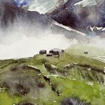 #813 / Pitztal - Taschachhaus vor Nebelwand, Aquarell,  The Alps - Pitztal, watercolor painting, Aquarellpapier/watercolor paper: Hahnemühle Ingres 100 g/m²,  Bildausschnitt H x B (H x W): 45 cm x 30 cm, VERFÜGBAR/AVAILABLE