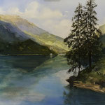 #725 / Lago di Poschiavo, Aquarell, watercolor painting, Aquarellpapier/watercolor paper: Arches 185 g/m²,  Bildausschnitt H x B (H x W): 50 cm x 75 cm, VERFÜGBAR/AVAILABLE