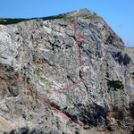 Malersteig (3-) rot, Haidsteig (D) blau, Zustieg Königschusswandsteig (E) grün