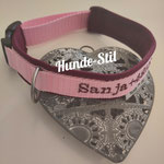 Halsband Sanja, Webband rosa 2 cm x 1,4 mm stark, Name + Tel. ausgestick, Polster Softshell Bordo