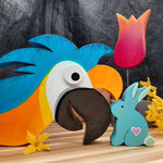 Papagei, Hase und Tulpe aus Holz, Osterdeko und Tropenfeeling