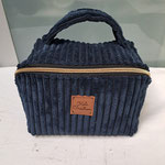 Trousse de toilette ouverture transversale en velours côtelé bleu marine