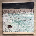 Landschaft. Collage 30 x 30 cm. Stoff, Papier, Garn.