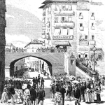 1872 El puente de Vargas desde La Ribera durante la llegada de Amadeo I a la ciudad. El dibujo del puente no se corresponde exactamente con el que en realidad había (véanse fotografías posteriores)