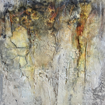 Geerdet - Pigmente, Tuschen, Marmormehl, Baumaterial, Intonako auf Leinwand, 70 x 100 cm, 2023