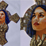 Milagros III Madonna © 2019 Dimensions: 22" h x 17" w x 3/8" thick.  Brass, Gold Leaf and Acrylic on Wood. Black velvet backing,  Private Collector