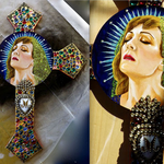 Milagros IV Madonna  © 2019 Dimensions: 22" h x 17" w x 3/8" thick. Brass, Gold Leaf, Mother of Pearl and Swarovski Acrylic on Wood. Black velvet backin, Private Collector 