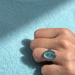 Ring met zand, sodaliet edelsteen, amethist als bloempje, laurierblad, hondenhaar en zilver nuances..