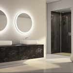 Cuisine intérieur design, salle de bain noir effet marbre miroir avec lumière double vasque plan de travail noir