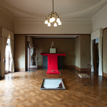 Purusha,-Light,  installation view, red felt mat, mirror, paraffin, a historically significant framemixed media, Ohara Museum, Okayama, 2014/photo:Fukunaga Kazuo