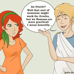 Octavian, l'àugur del Campament Júpiter, parlant amb la Rachel Elizabeth Dare, Oracle del Campament Mestís