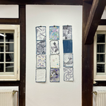 Wandbilder aus der Ausstellung Textil, Zeichnung auf Jeansstoff, je 29x21