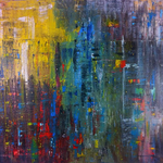 Abstrakte Malerei auf 100 Jahre alter Dammastdecke 130x90cm