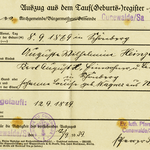 Geburtsregisterauszug von Auguste Wilhelmine Heinze aus dem Kirchenbuch von Cunewalde im Jahr 1869.