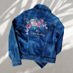 bloemen en tekst op jeansjasje, waar te bestellen? Bij sabrina, aim your wedding