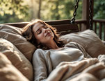 Atelier initiation à la micro-sieste au Pertuis – Femme se reposant sereinement sur une balancelle en bois, illustrant les techniques de récupération rapide et de relaxation profonde transmises par Gaëlle Pagès.