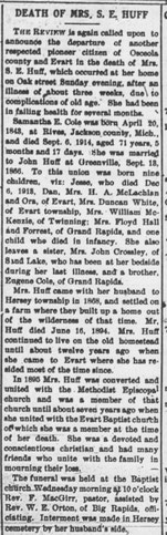 “Death of Mrs. S. E. Huff.” The Evart Review, Friday, 11 Sept. 1914  (click to enlarge)