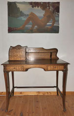 Französischer Jugendstil Schreibtisch Mahagoni &Wurzelesche Brieffächer B. 100cm, € 1250,00