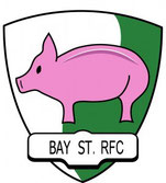 Image of a pink pig on a green and white crest Bay Street RFC