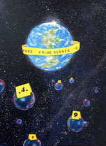 60 x 80   Planète de tous les excès Concentration de crimes toutes catégories. Crimes de sang, crimes politiques, crimes écologiques, crimes économiques, …. L’enfer sur terre?  Et pourtant tant de petits bonheurs individuels ou collectifs.  Que vienne ce 