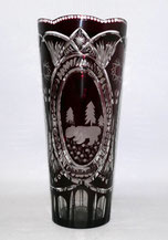 Böhmische Glas Vase Roter Überfang Jagdmotive mundgeblasen geschliffen H 26,0 cm, € 160,00