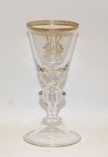Pokalglas, Josefinenhütte, eingestochene Luftblasen, Monogramm, Goldrand, 19,5cm, € 135,00