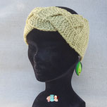 bandeau cheveux femme avec tresse en laine mérinos vert et écru, fabriqué en france, cache oreille