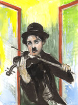 Charlie Chaplin spielt Geige am geöffnetem Fenster