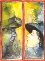 Humphrey Bogart und Ingrid Bergmann schauen sich am Fenster in die Augen, Aquarellzeichnung