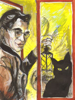 Willi Schwabe mit einer Lampe in der Hand und eine schwarze Katze blicken aus einem Fenster.