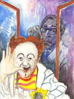 Fensterbild Aquarell von Peter Albach Clown Ferdinand und Professor Flimmrich