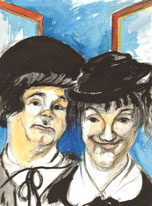 Stan Laurel und Oliver Hardy blicken aus dem geöffneten Fenster