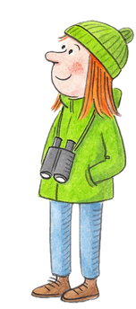 Illustration einer freundlichen Person mit Fernglas, Mütze und Jacke, die symbolisch auf zukünftige finanzielle Entscheidungen blickt – für bricklebrit, Finanzbildung, Selbstregulation und ADHS.