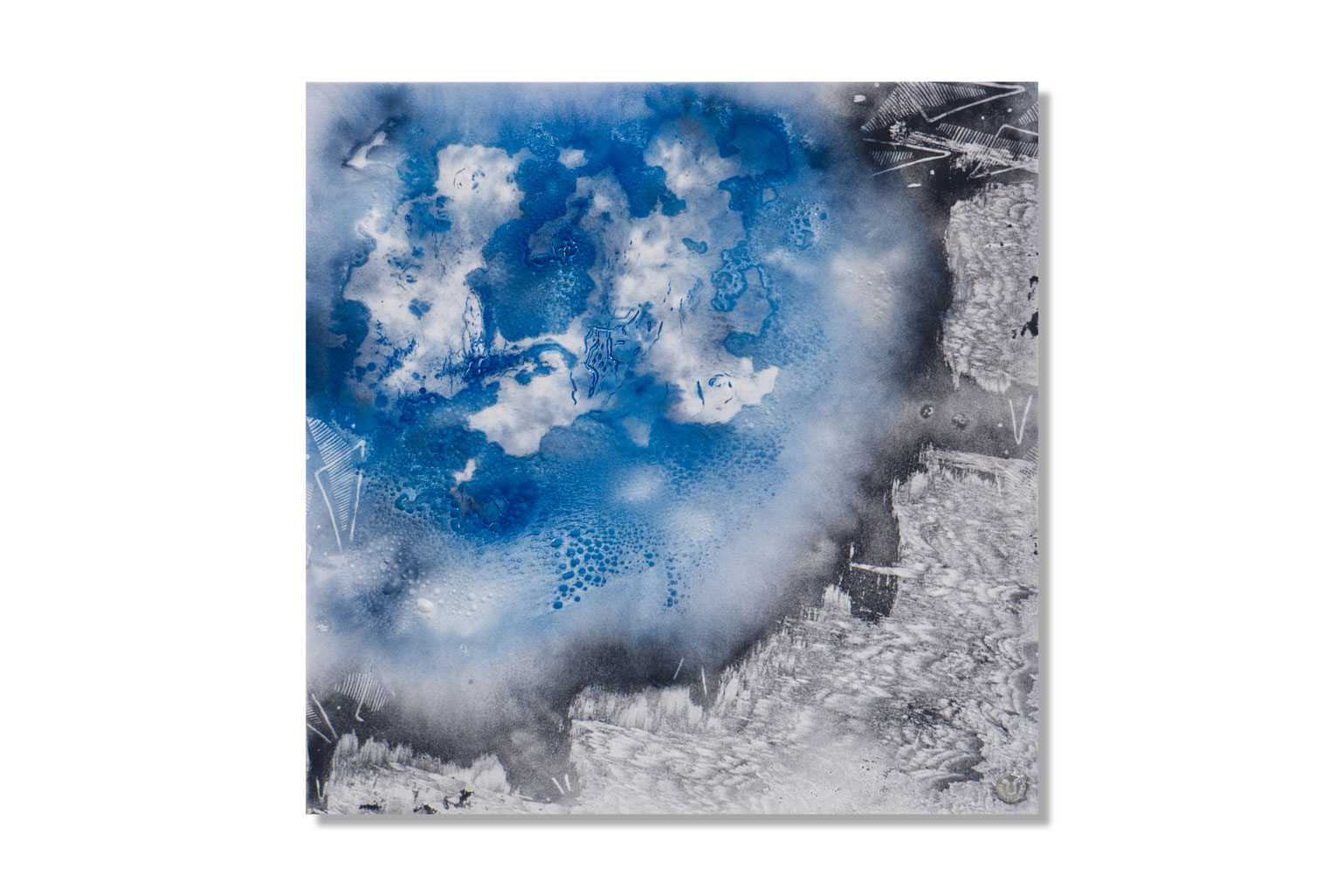 Painting “The Cloud of Ember” (2024) – blue and white abstract Burningpictures artwork with cloud-like fire textures on canvas, unique piece in private collection.
