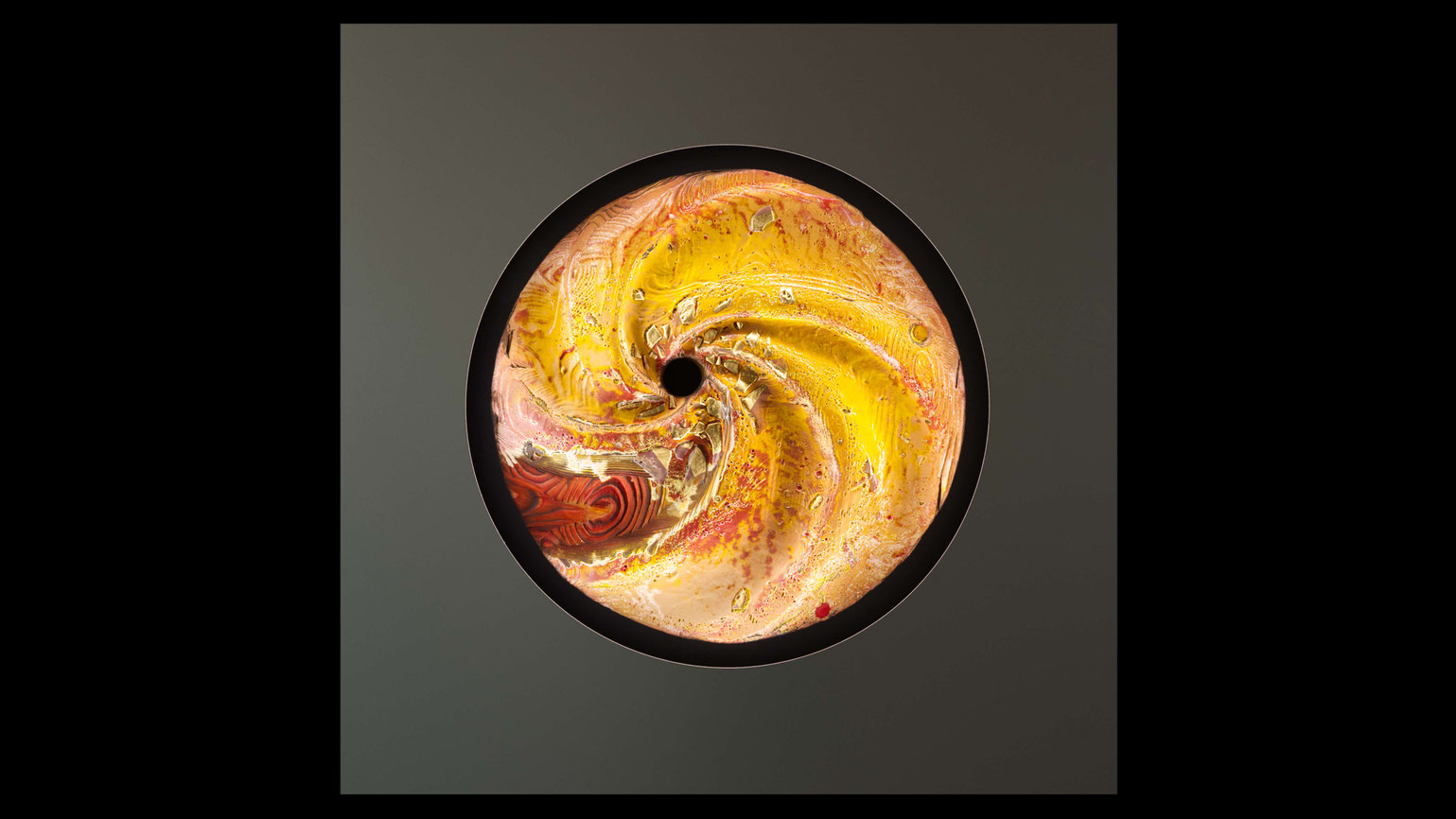 Light Object “Lightshine” (2020) – yellow-orange spiral with flame-formed textures on dark background, mixed media with fire on wood, unique contemporary Burningpictures artwork.