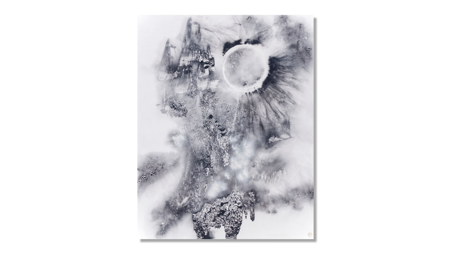 Painting “Core Shadow of Creation” (2025) – monochrome abstract fire art on canvas, unique Burningpictures artwork for galleries, contemporary offices and private collections.