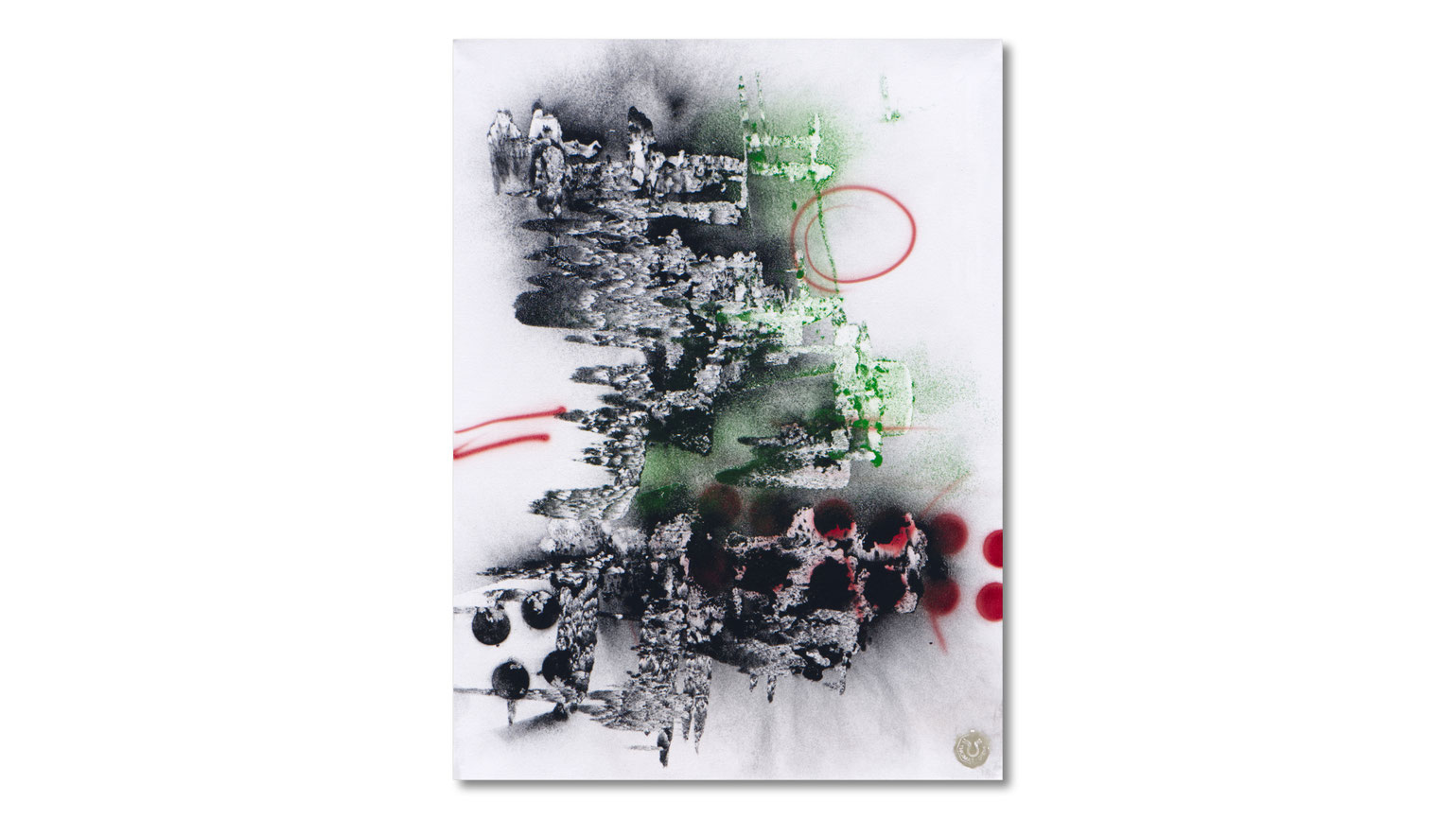 Gemälde ‚Cosmic Grid‘ (2025) – abstraktes Burningpictures-Kunstwerk mit schwarzen, grünen und roten Akzenten – ein Unikat für Galerien, moderne Büros und private Sammlungen.