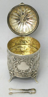 Zuckerdose mit Spieluhr Reuge Schweiz +Zange 835er Silber Albert Bodemer 11,5cm, € 890,00