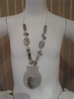 Collana con perle in plastica di varie dimensioni + ciondolo colore beige effetti marrone vedi foto aperta cm 60 chiusa a collo lunghezza cm 39. Cod. 60008 € 5,00