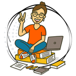 Sketchnote-Figur sitzt fröhlich auf Bücherstapel neben Laptop, Lernen, Coaching und kreative Trainings.