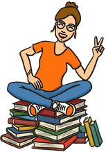 Sketchnote-Figur sitzt fröhlich auf Bücherstapel neben Laptop, Lernen, Coaching und kreative Trainings.