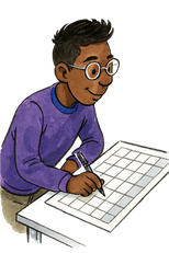 Mann im lila Pulli am Schreibtisch mit Kalender – ADHS-Geldmanagement und Planung bei bricklebrit
