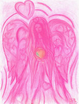 Handgemalter Engel der Liebe in kräftigen rosa Tönen. Er hält ein Herz in den Händen. Seine Fügel sind aus vielen Herzen.
