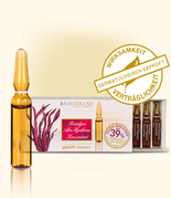 Produktabbildung: „Rotalgen Aloe Hyaluron Konzentrat“, Motiv rote Algen. Braunglasampullen 2 ml vor Schachtel mit 10 Stück stehend. Beschriftung „geprüft wirksam“. Mit „Siegel – Wirksamkeit und Verträglichkeit dermatologisch geprüft“.