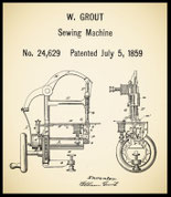 Detailed 1859 patent illustration of the W. Grout Sewing Machine, number 24,629, showing a side and frontal technical drawing with labeled components, designed by inventor William Grout.