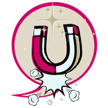 Comic-Stil-Magnet in Pink und Schwarz, umgeben von Sternen und Energieeffekt, Symbol für Anziehungskraft und Strahlkraft des Charisma Boosters.