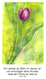 christliche Karten, violette Tulpe auf grün Druck wir danken dir Gott