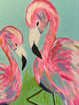 Een prachtig schilderij van kleurrijke flamingo's, gemaakt door moeder en dochter tijdens de creatieve schilderworkshop in Breda.