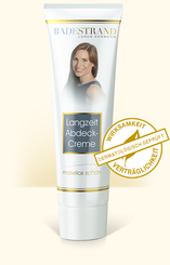 Produktabbildung: „Langzeit Abdeck Creme“.  in einer PE-Tube weiß, 100 ml. Beschriftung „makellos schön“. Mit „Siegel Verträglichkeit dermatologisch geprüft“.